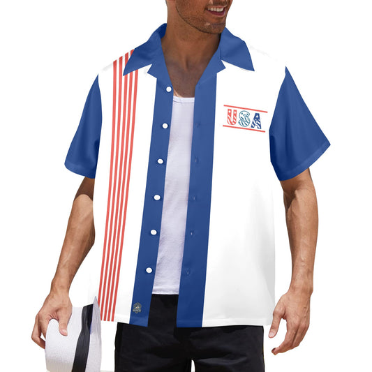 Man in [Brand] USA-themed bowling shirt holding white hat.