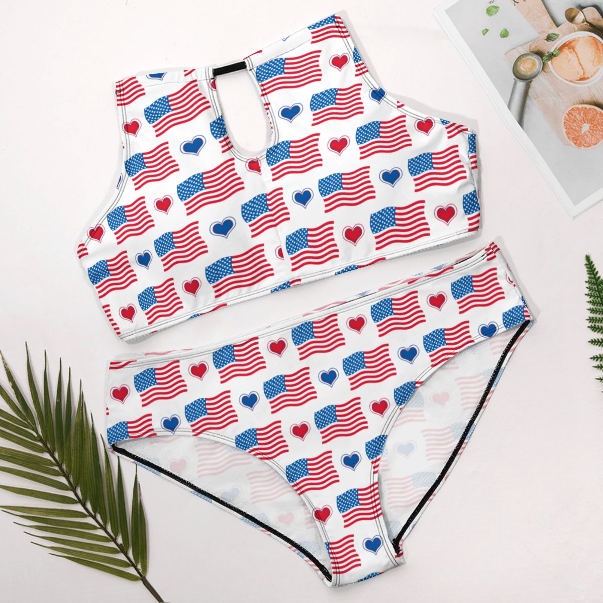 USA/American Flag Inspired Flags and Hearts Pattern Plus Size High Waisted Bikini
