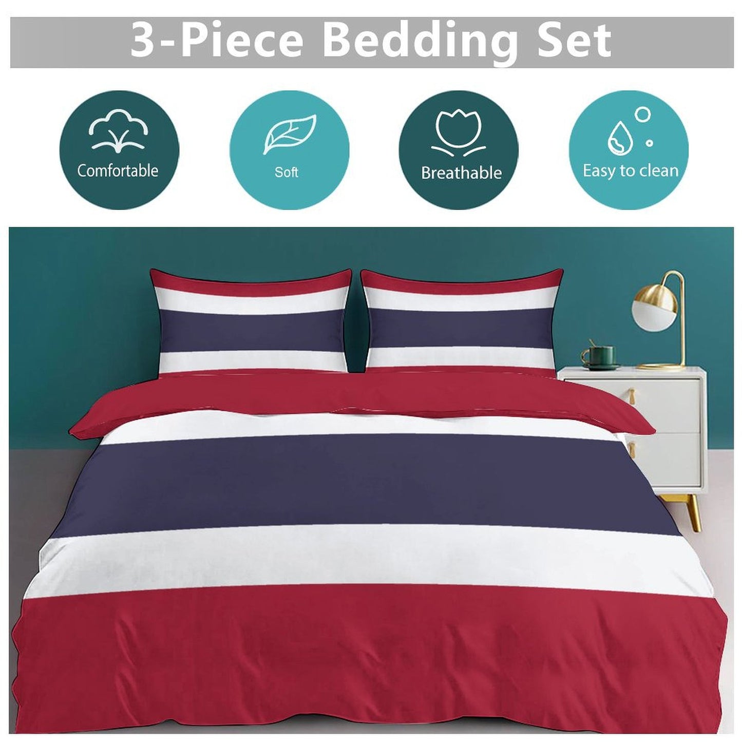 Thailand Flag Inspired 3-Piece Bedding Set (1 Duvet Cover + 2 Pillow Shams) – 102"×90"