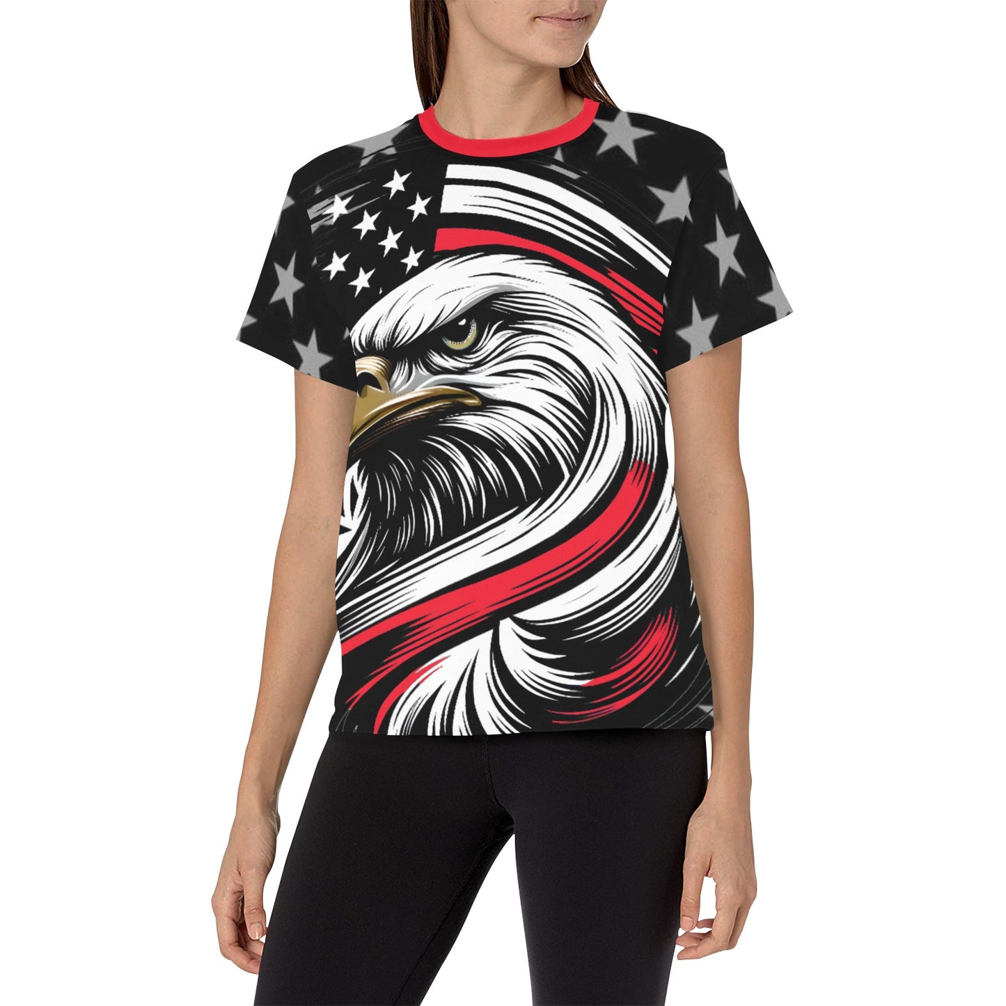 Thin Red Line Flag Inspired Eagle Women's All Over Print Crew Neck T-Shirt(T40-2)(Made in Queens)