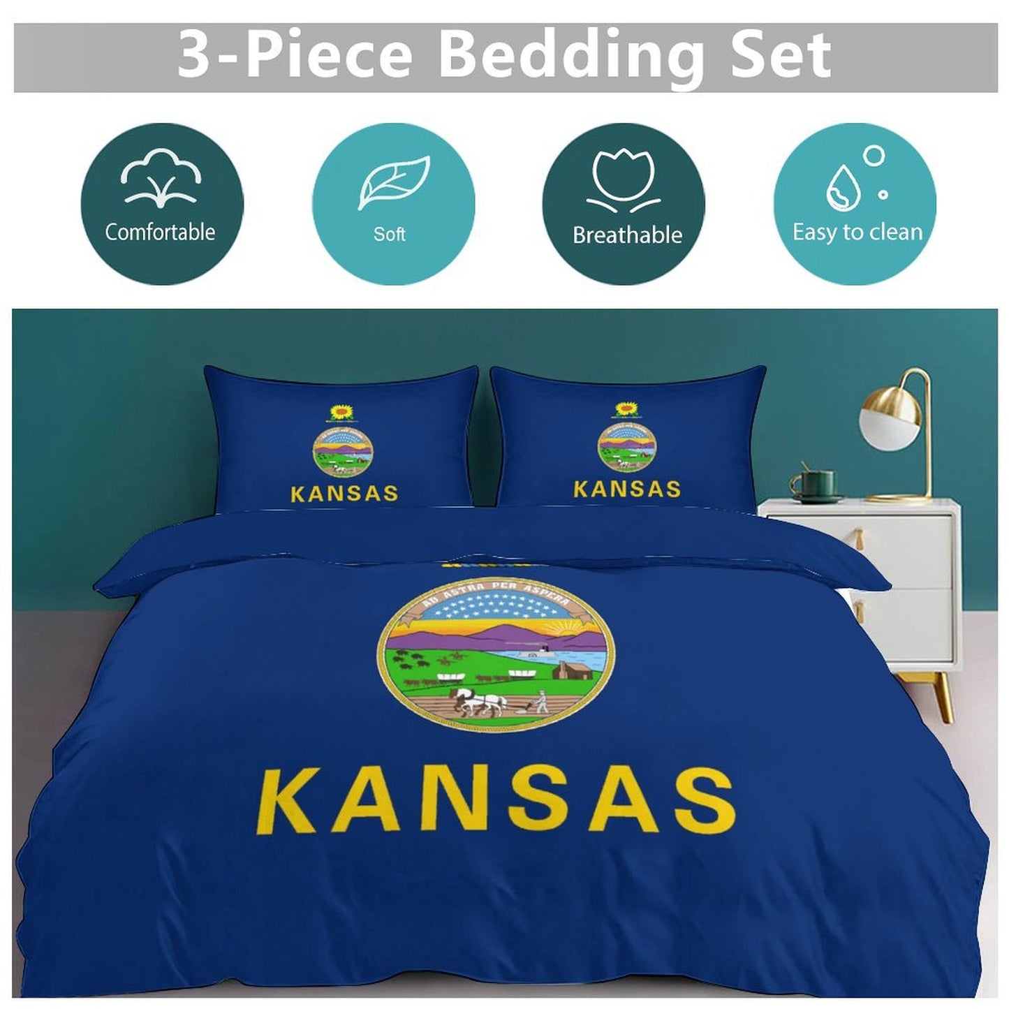 Kansas Flag Inspired 3-Piece Bedding Set (1 Duvet Cover + 2 Pillow Shams) – 102"×90"