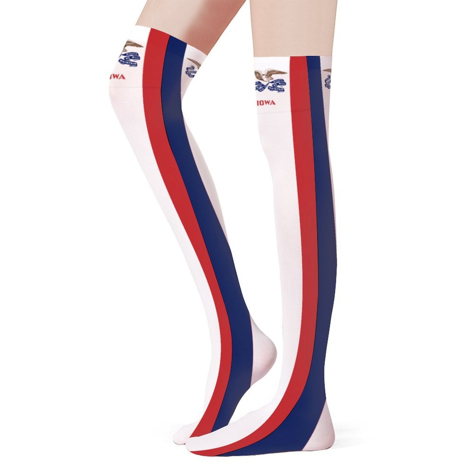 Thigh-high socks featuring [Brand], red and blue stripes.