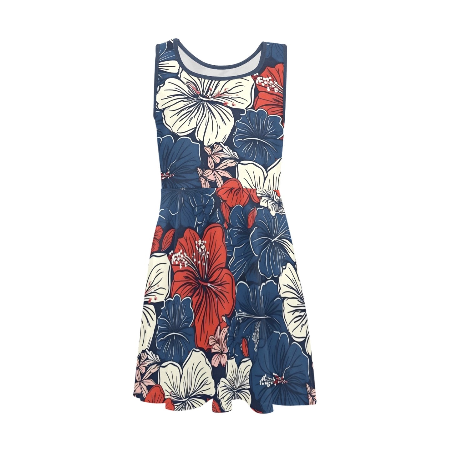 USA/American Flag Inspired Hawaiian Floral Pattern Girls' Sleeveless Sundress | Ships from USA