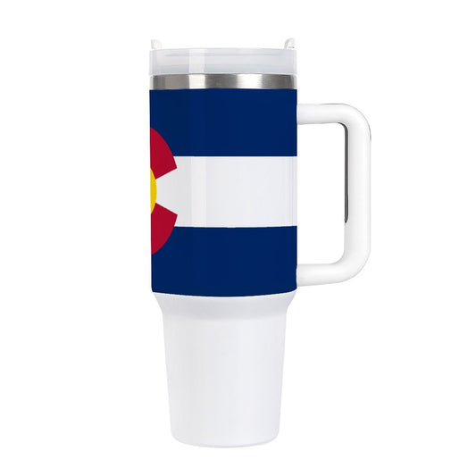 [Brand] travel mug with Colorado flag design, white handle.