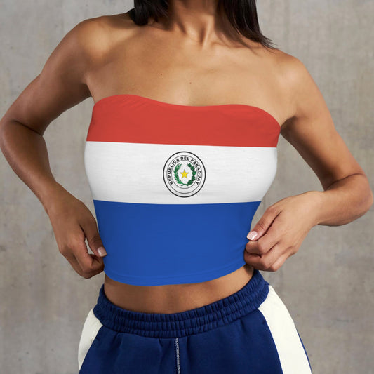 Woman wearing [Brand] tube top with patriotic flag design.