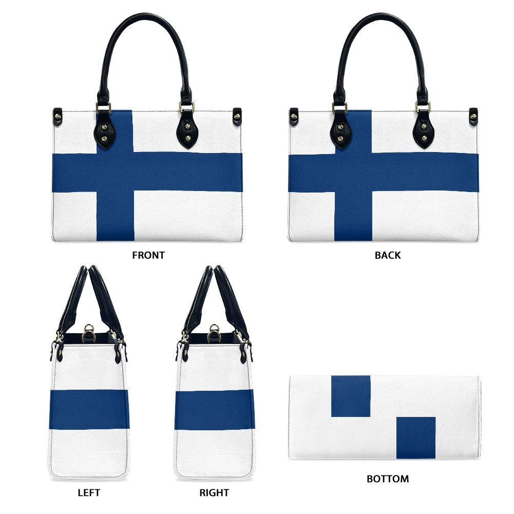 [Brand] handbag displaying a blue Scandinavian cross design.