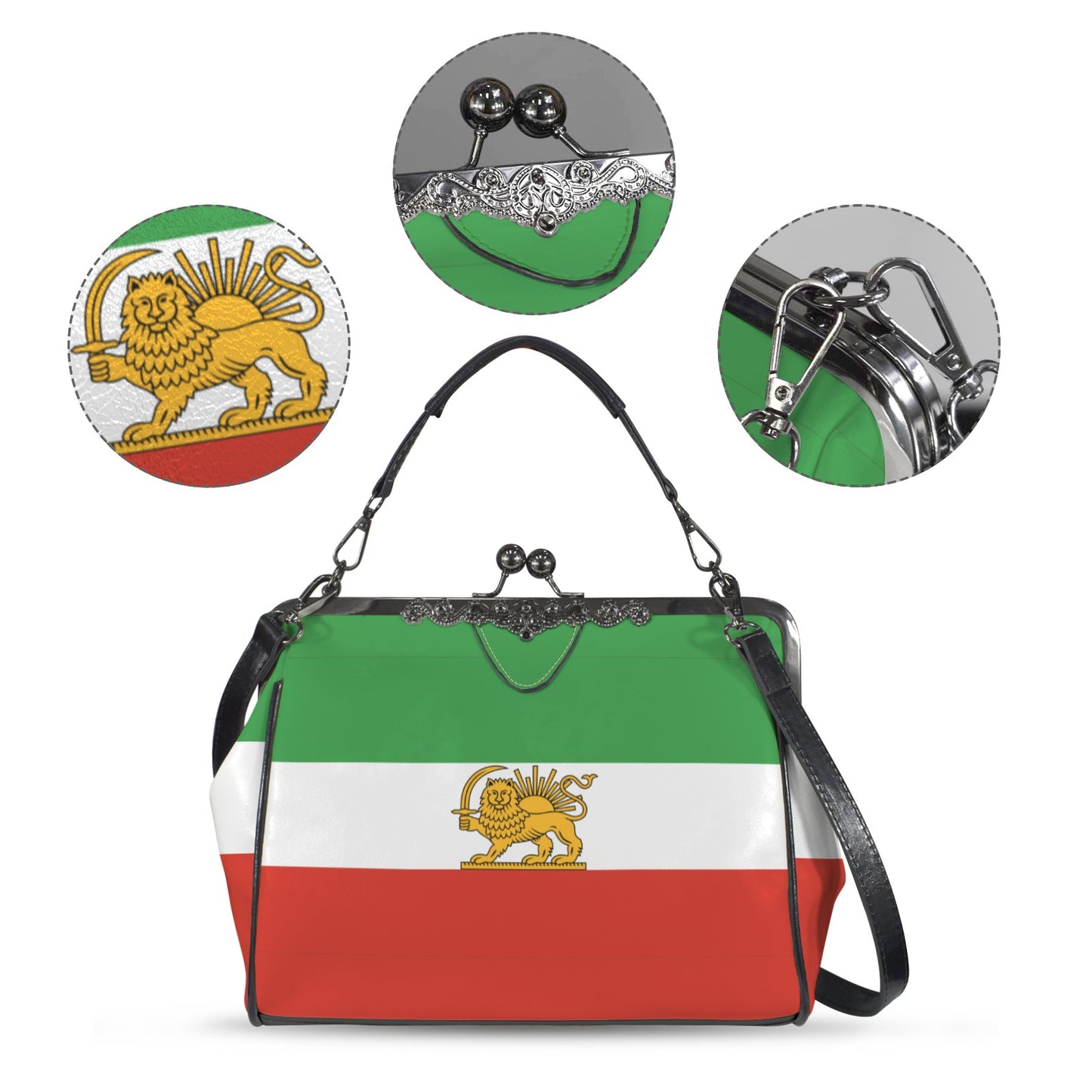 Iran Lion and Sun Flag Inspired Kisslock Crossbody Shoulder Bag
