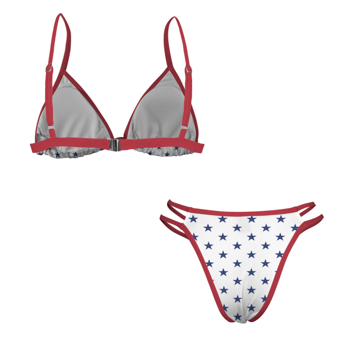 USA/American Flag Inspired Blue Stars w/Red String Double-Strap Triangle Bikini Set