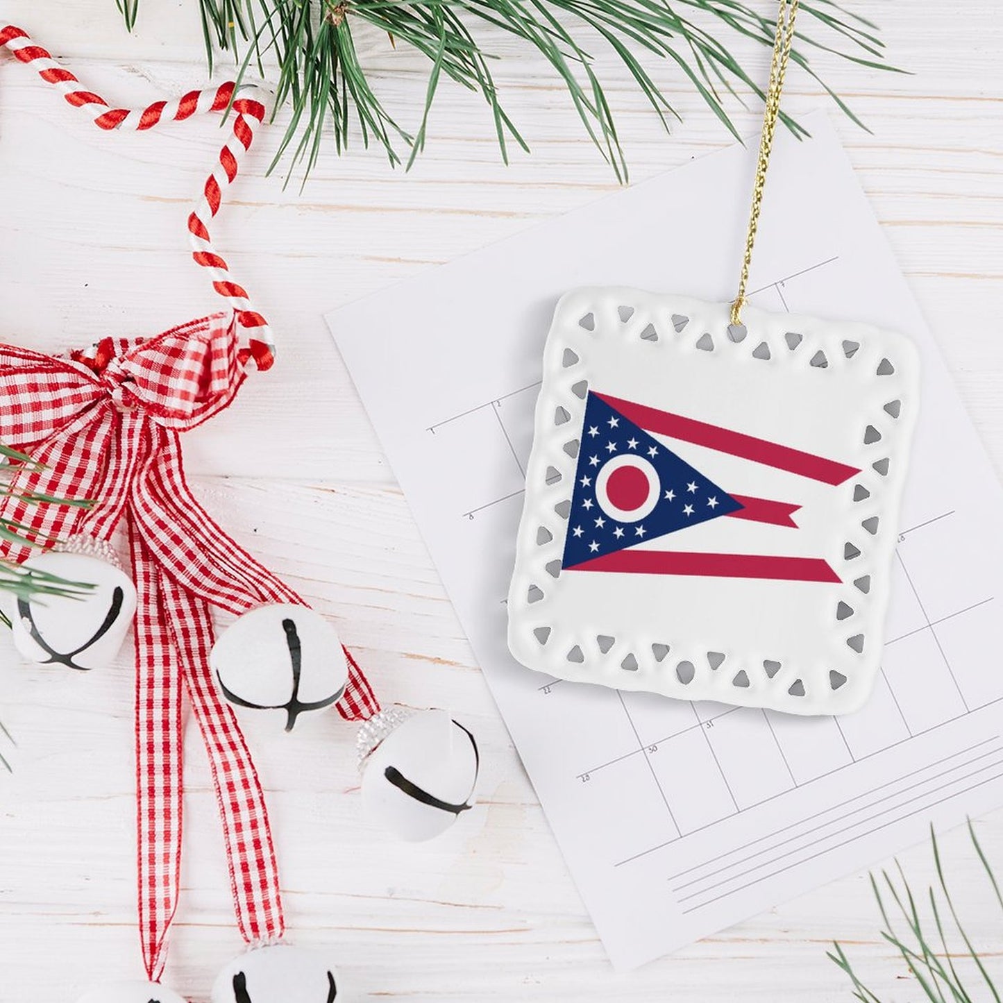Ohio Flag Inspired Square Ceramic Ornament Made in the USA