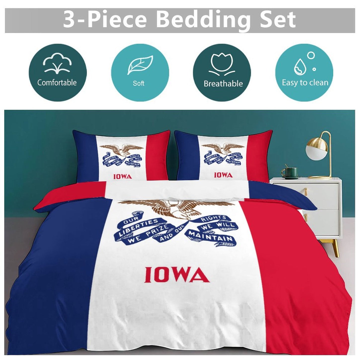 Iowa Flag Inspired 3-Piece Bedding Set (1 Duvet Cover + 2 Pillow Shams) – 102"×90"