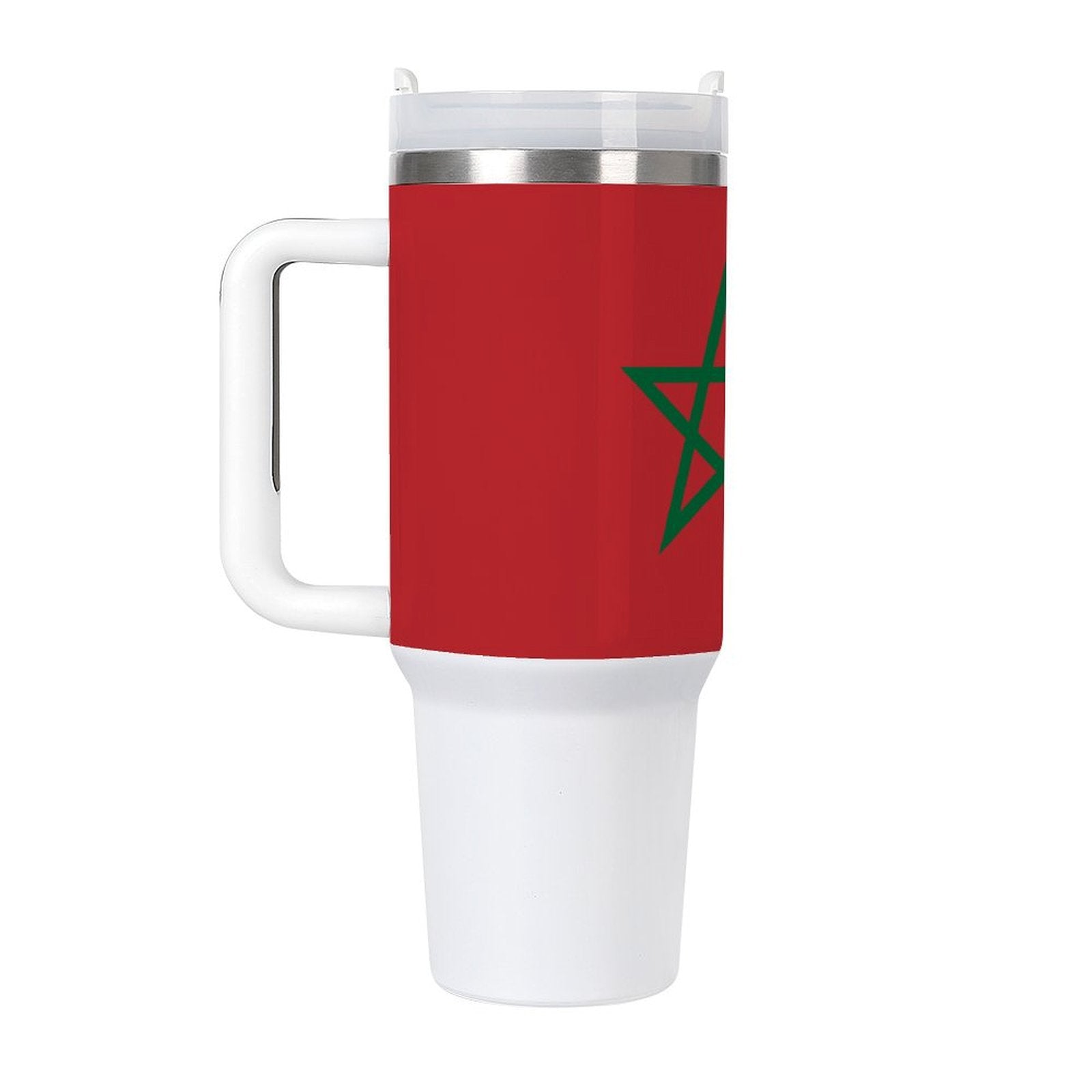 Red and white travel mug with green star design, [Brand].