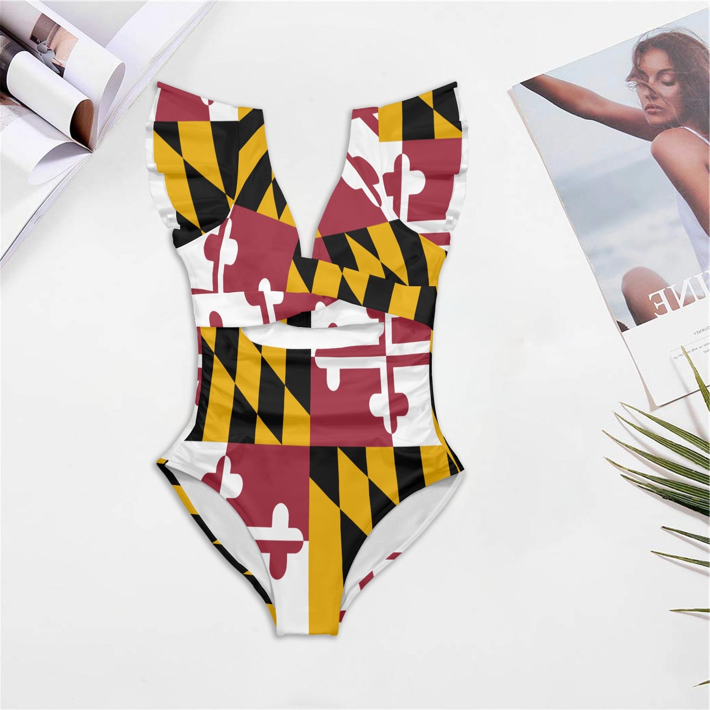 Maryland Flag Inspired Women's Twist Front Ruffle Sleeve Swimsuit