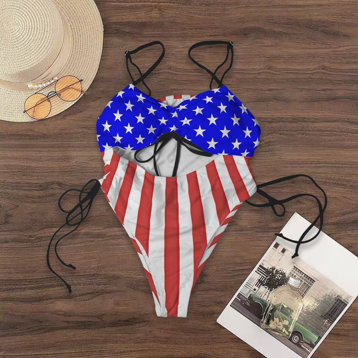 USA/American Flag Inspired Women's Drawstring Cutout One Piece Swimsuit