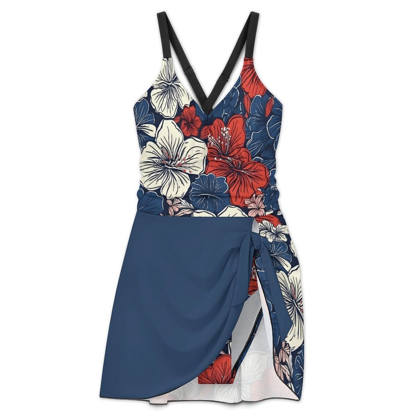 USA/American Flag Inspired Hawwaiian Floral Pattern Women's Hem Tie One-piece Swimsuit