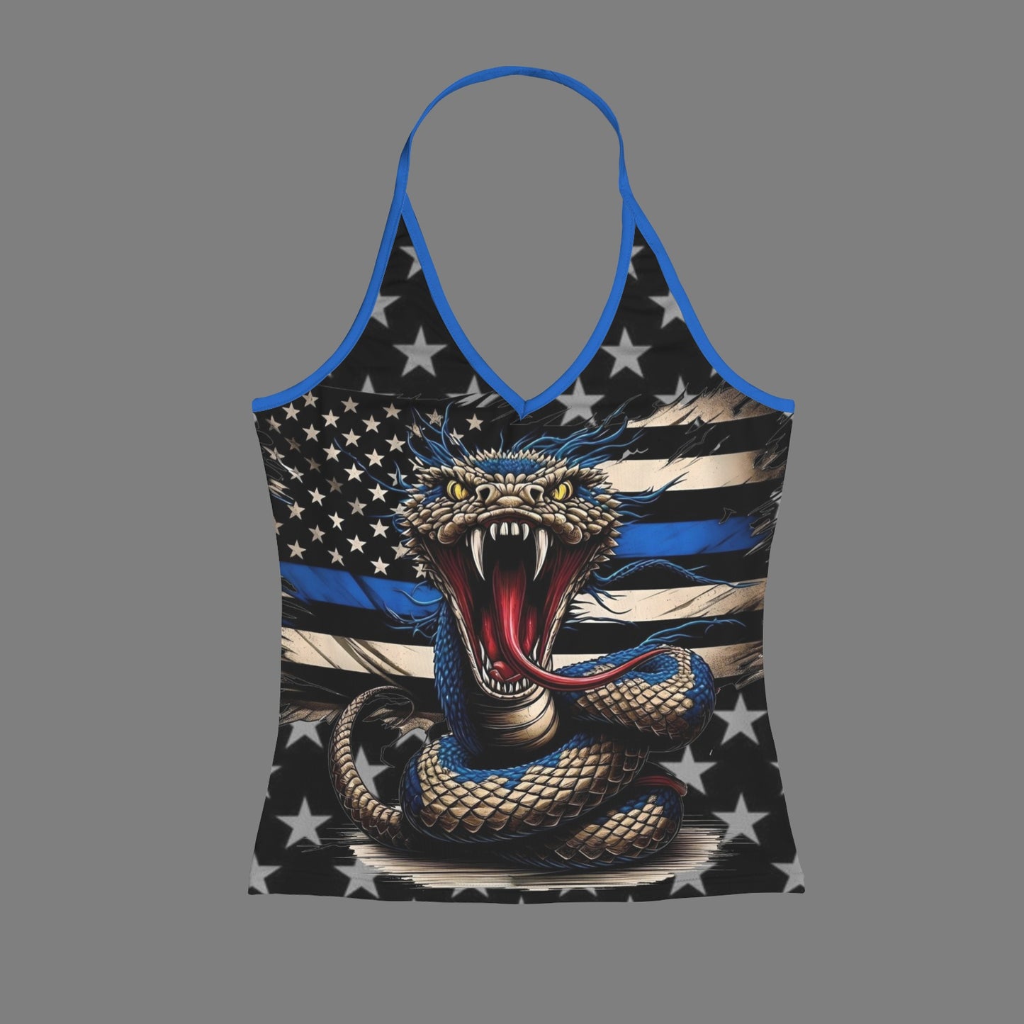 Thin Blue Line Flag Inspired Snake V-neck Halter Open Back Tank Top