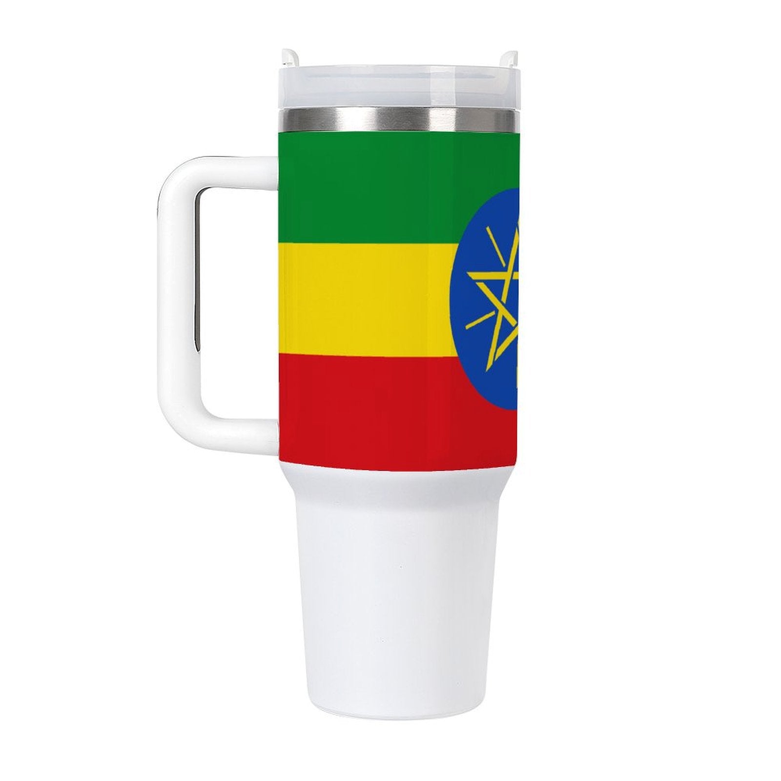 White travel mug with Ethiopian flag design by [Brand].