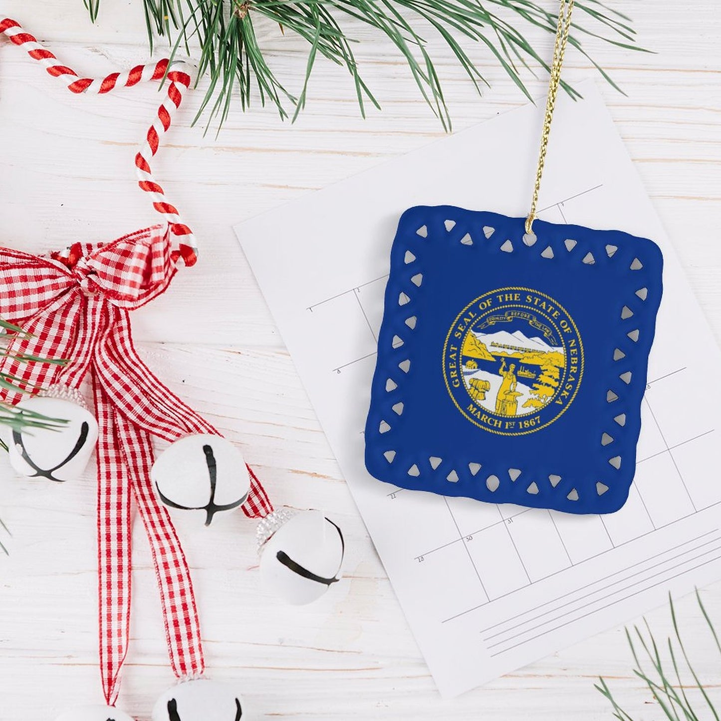 Nebraska Flag Inspired Square Ceramic Ornament Made in the USA