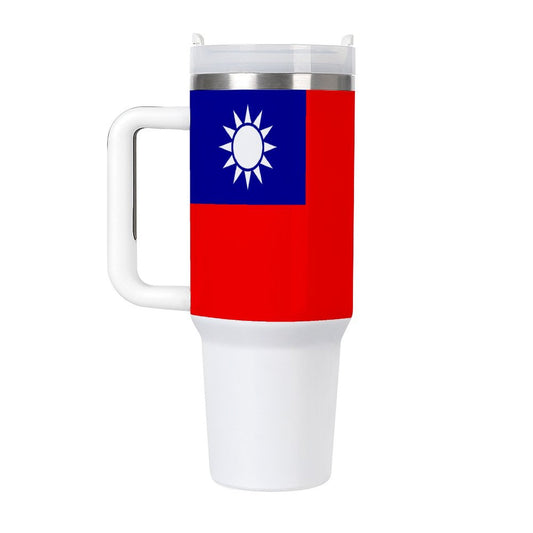 [Brand] travel mug with Taiwan flag design, white handle.