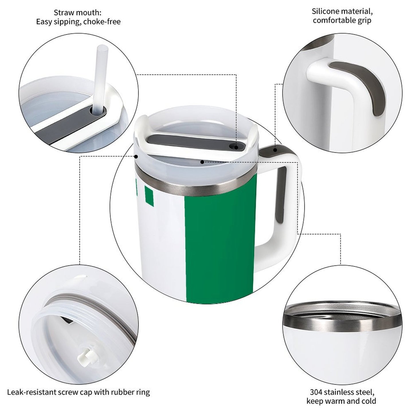 [Brand] insulated mug with silicone grip and straw lid.
