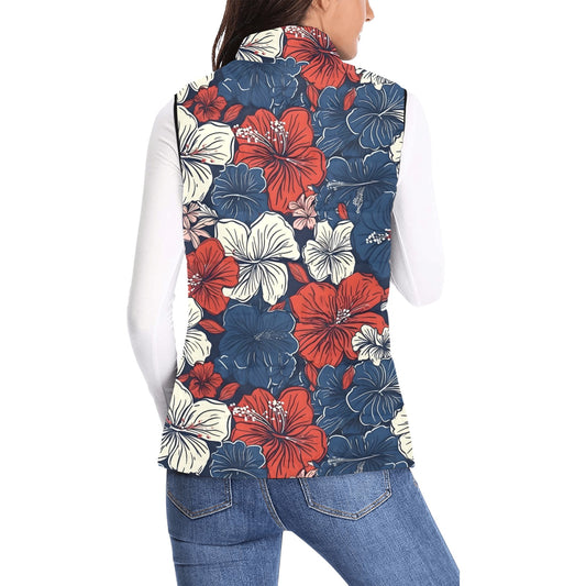 USA/American Flag Inspired Hawaiian Floral Pattern Women's Padded Vest