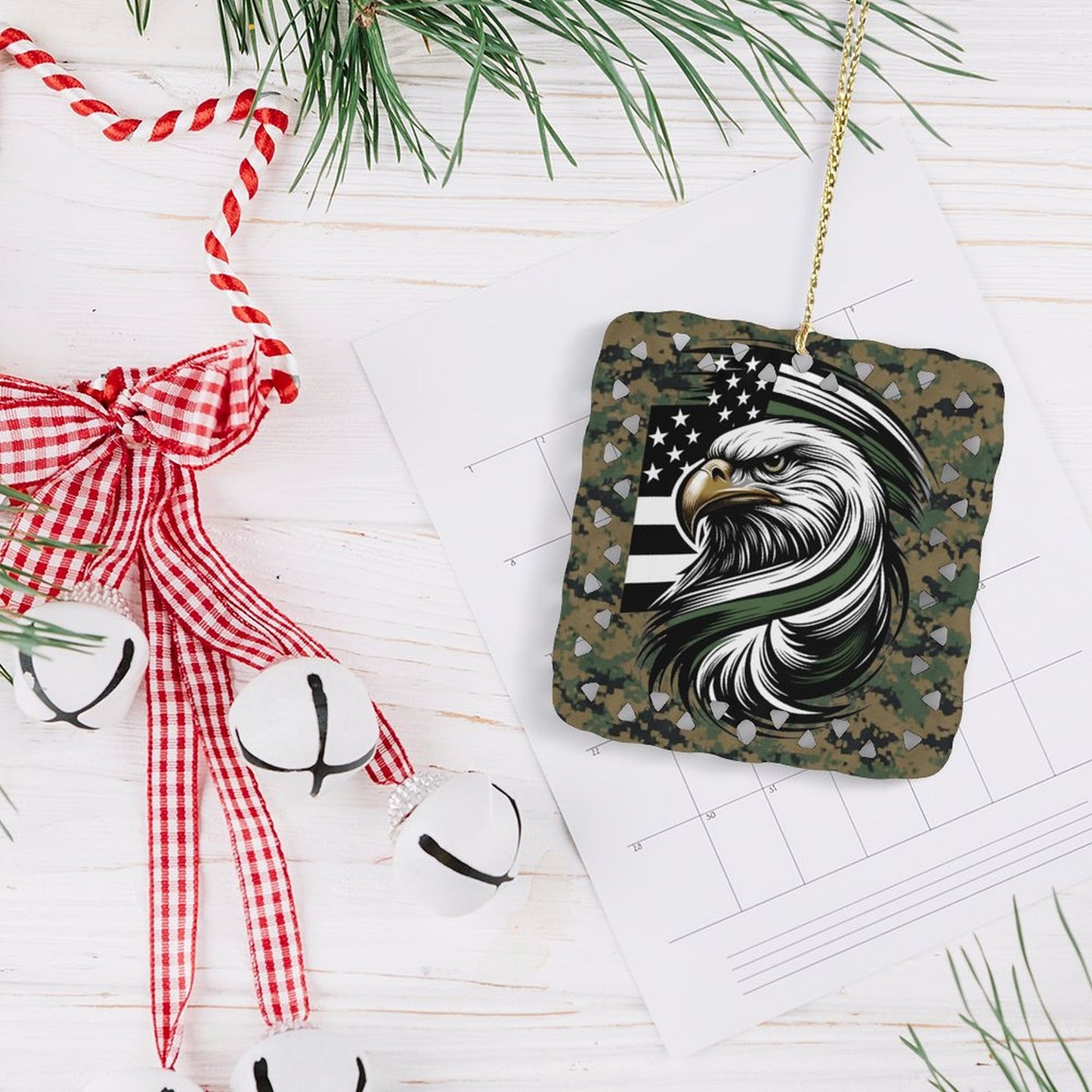 Thin Green Line Inspired Eagle on Digital Camo Flag Inspired Square Ceramic Ornament Made in the USA