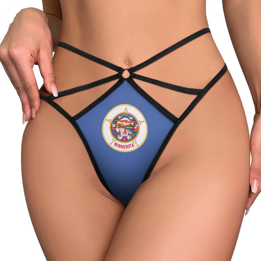 High-waisted bikini with Minnesota flag, black straps, [Brand].