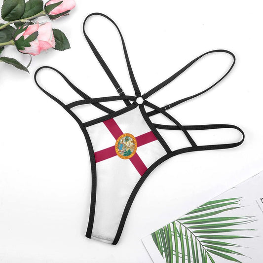 [Brand] thong with Florida flag design, black straps.