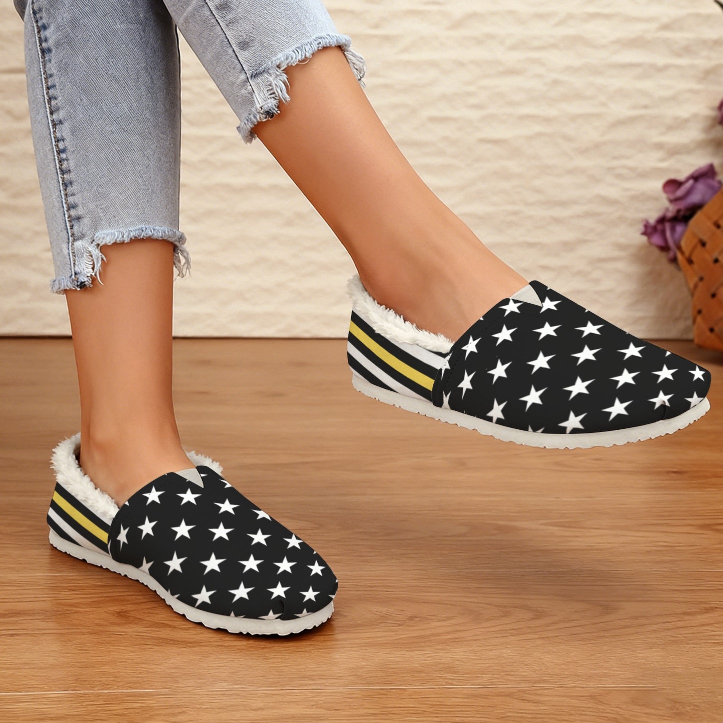 Thin Gold Line Flag Inspired Women's Fleece-Lined Canvas Slip-On