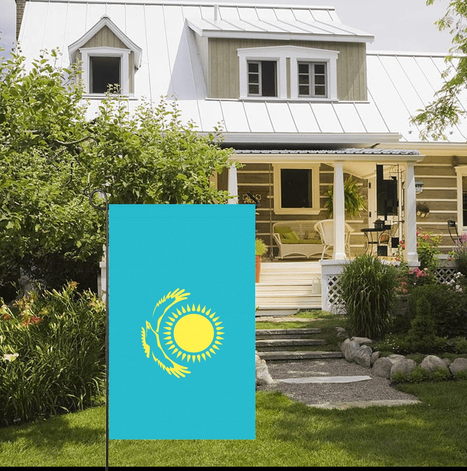 Front yard with Luv My Flag, Kazakhstan flag displayed.