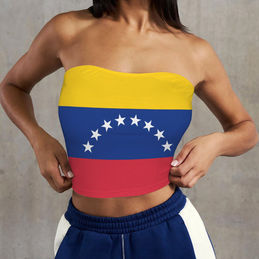 Woman wearing Venezuela flag tube top, [Brand] blue shorts.