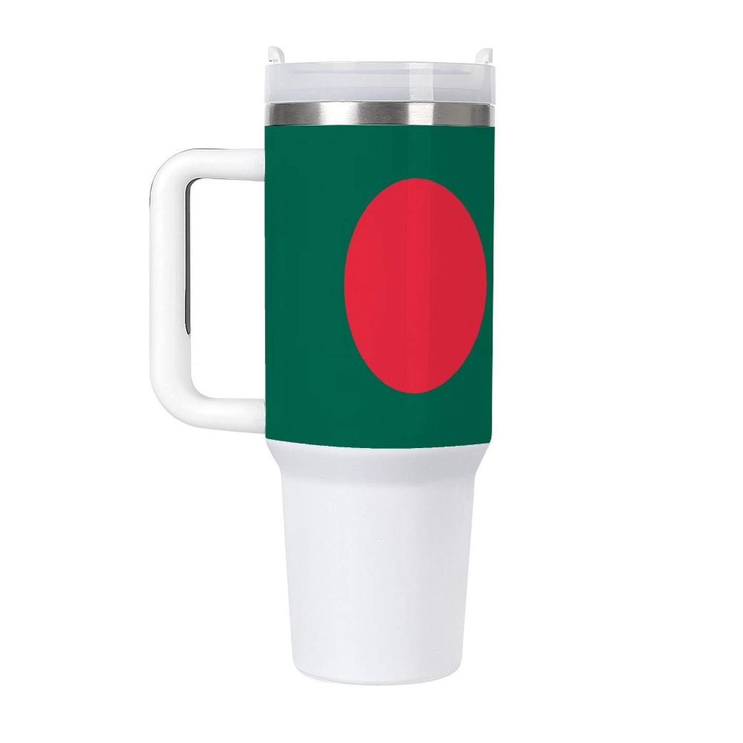 White travel mug featuring Bangladeshi flag design by [Brand].
