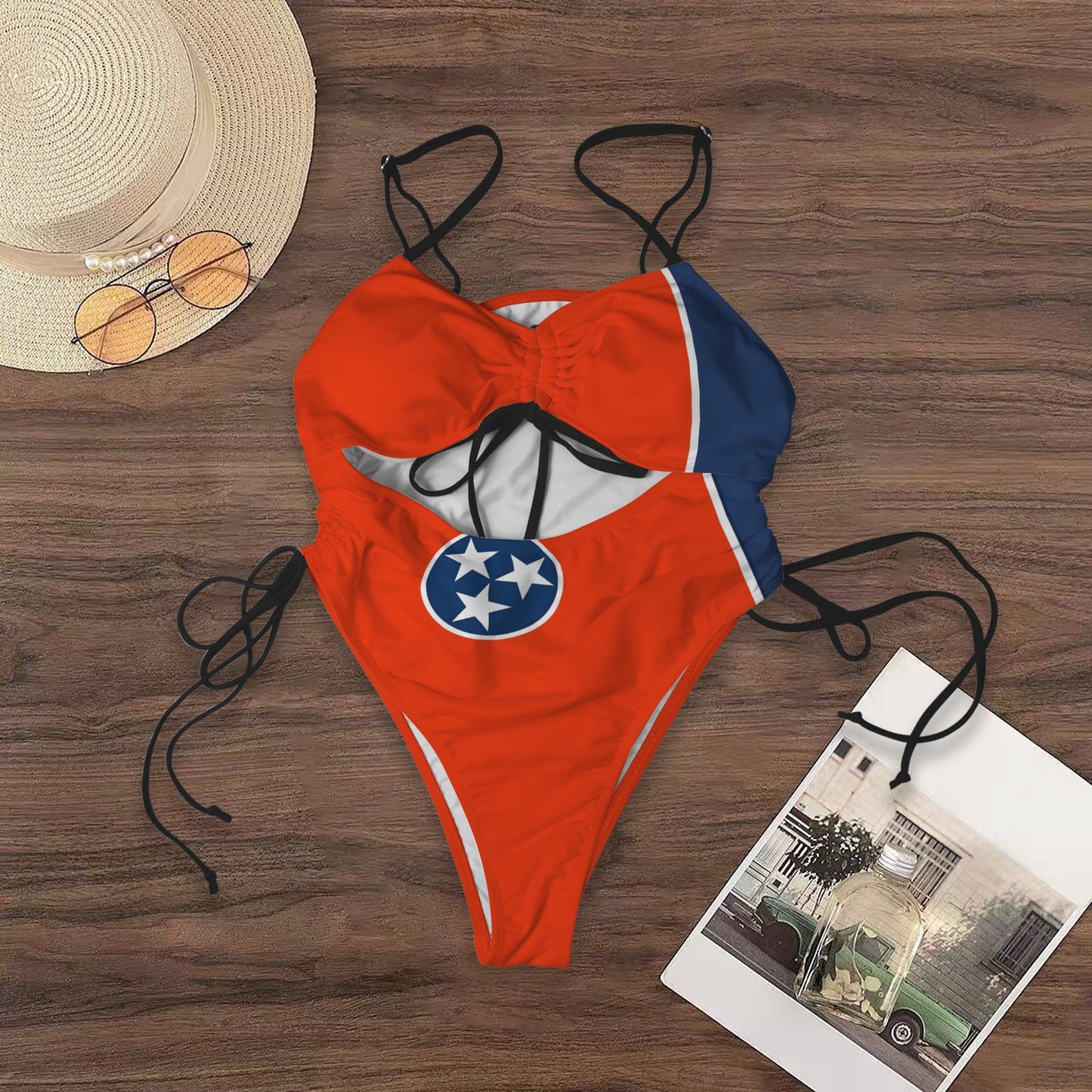 Tennessee Flag Inspired Women's Drawstring Cutout One Piece Swimsuit