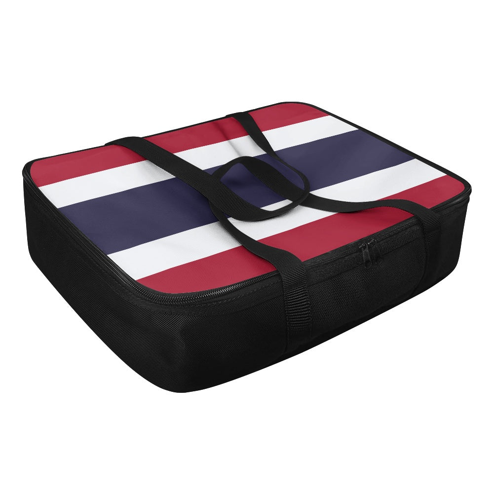 [Brand] bag with red, white, blue striped design.