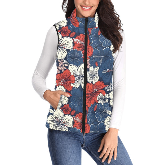 USA/American Flag Inspired Hawaiian Floral Pattern Women's Padded Vest