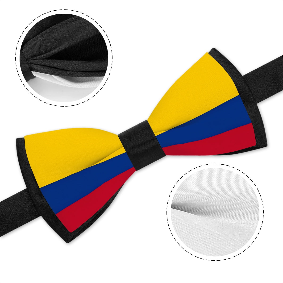 [Brand] Colombian flag-themed bow tie with detailed fabric texture.