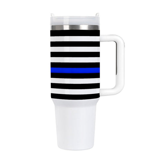 [Brand] travel mug with black, white, blue stripes.