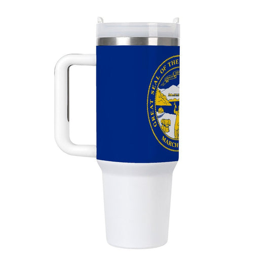 [Brand] mug featuring Nebraska state seal, blue and white design.