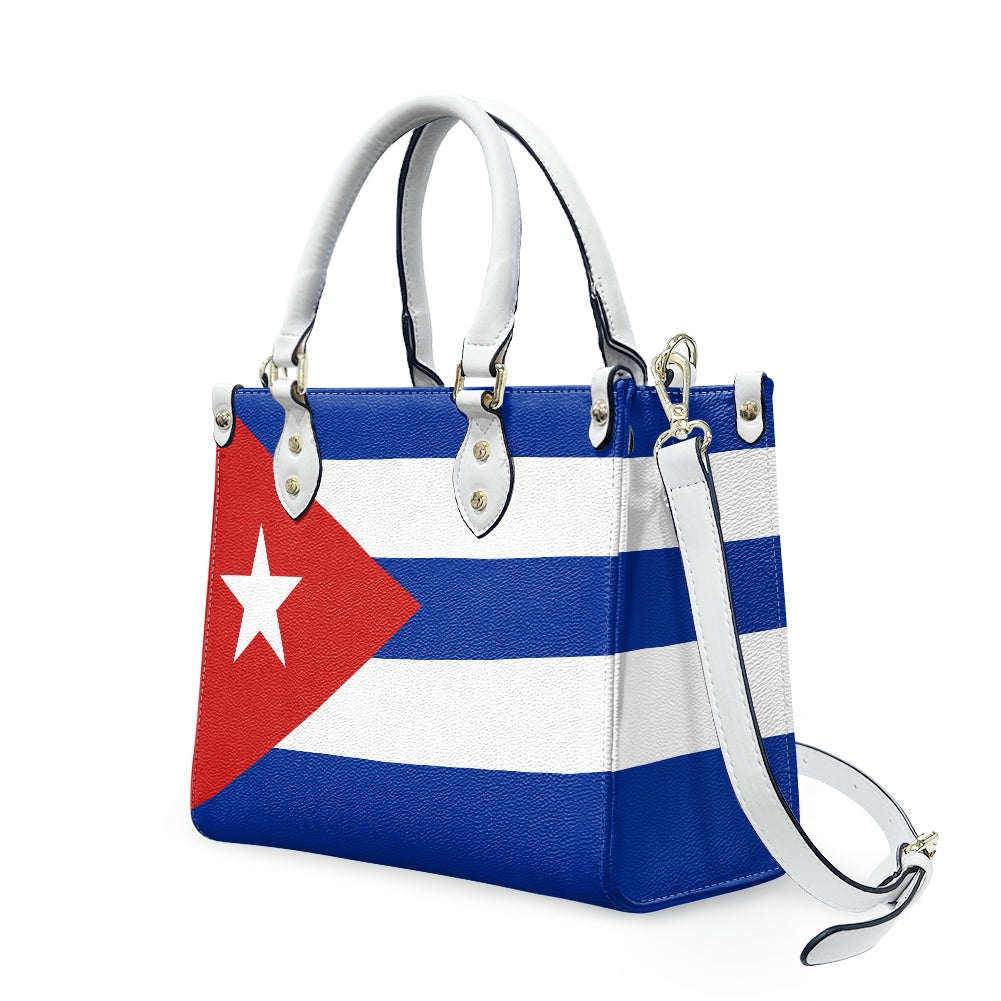 [Brand] handbag with Cuban flag design, white handles attached.
