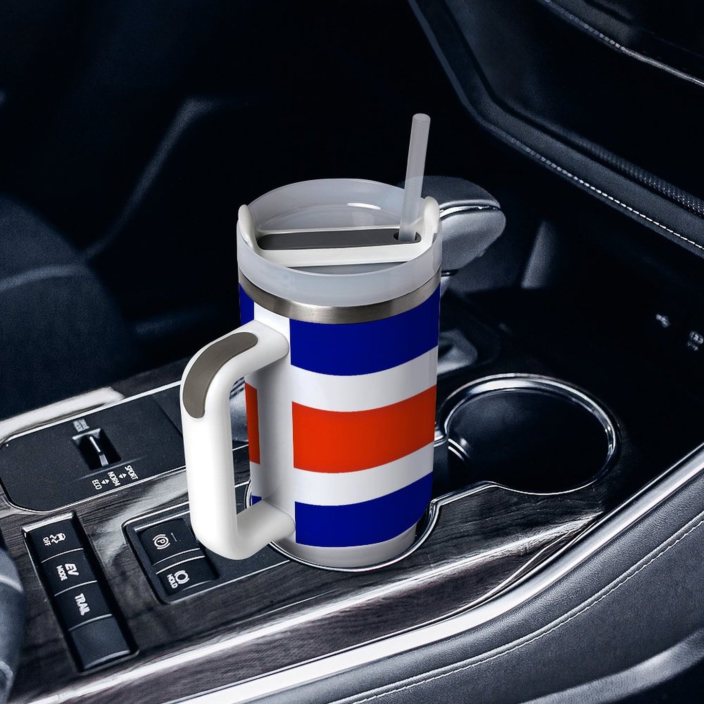 [Brand] colorful travel mug with handle, fitting car cupholder.