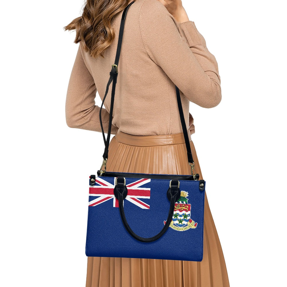 Woman with [Luv My Flag] handbag featuring national emblem.
