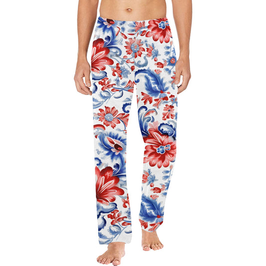 USA/American Flag Inspired Red White & Blue Floral Paisley Pattern Men’s Pajama Trousers with Pockets (Made in the USA)