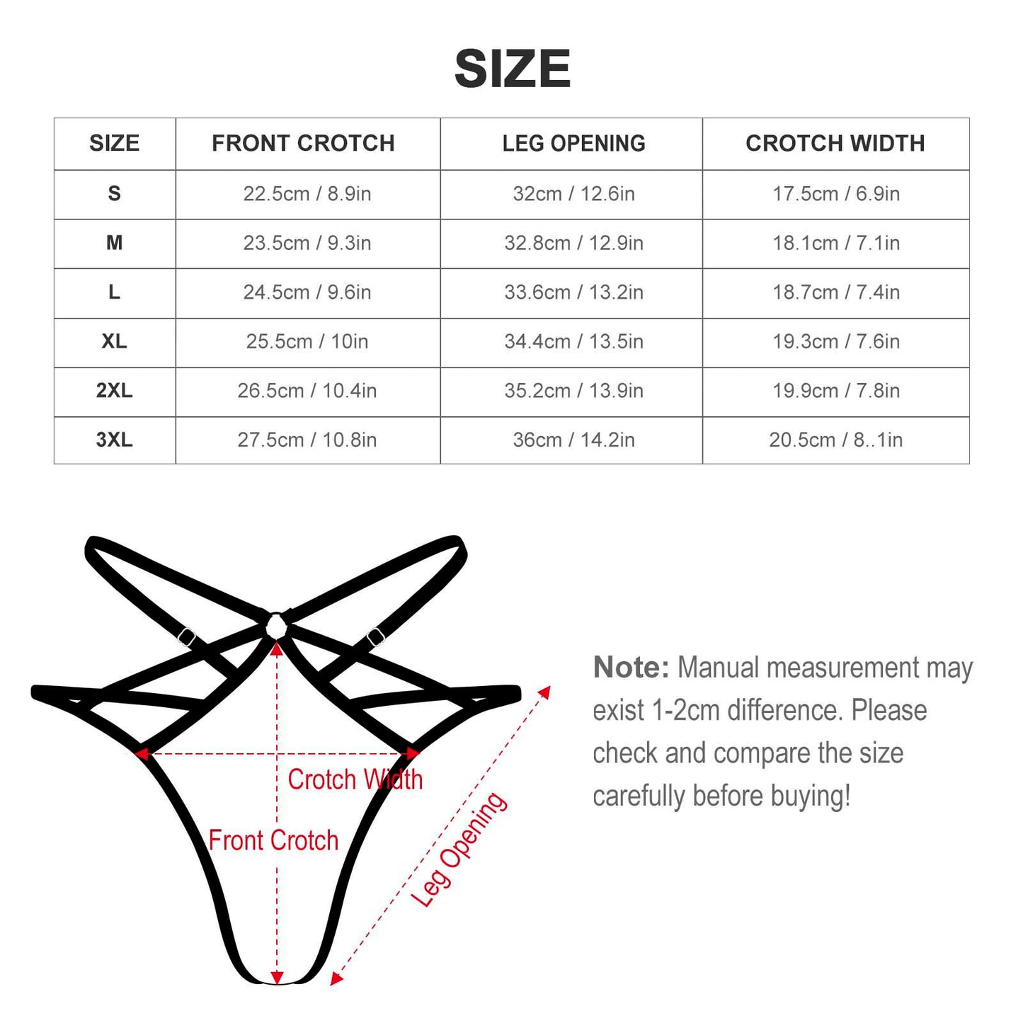 [Brand] size chart for crotch, leg opening, widths.