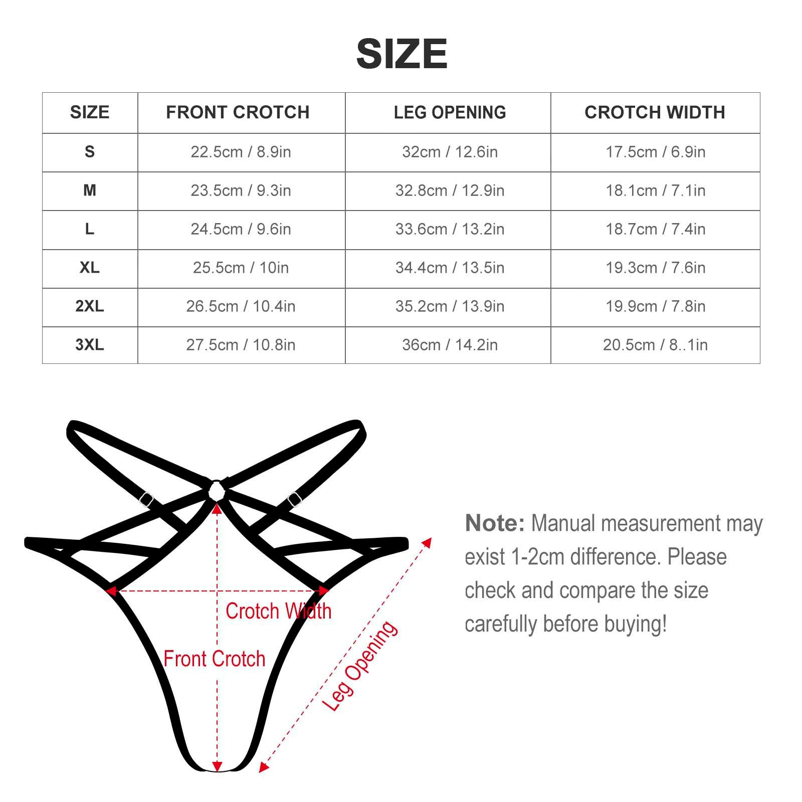 [Brand] size chart for crotch, leg opening, widths.