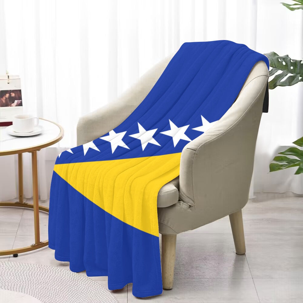 Cozy chair with [Luv My Flag] Bosnia flag blanket.
