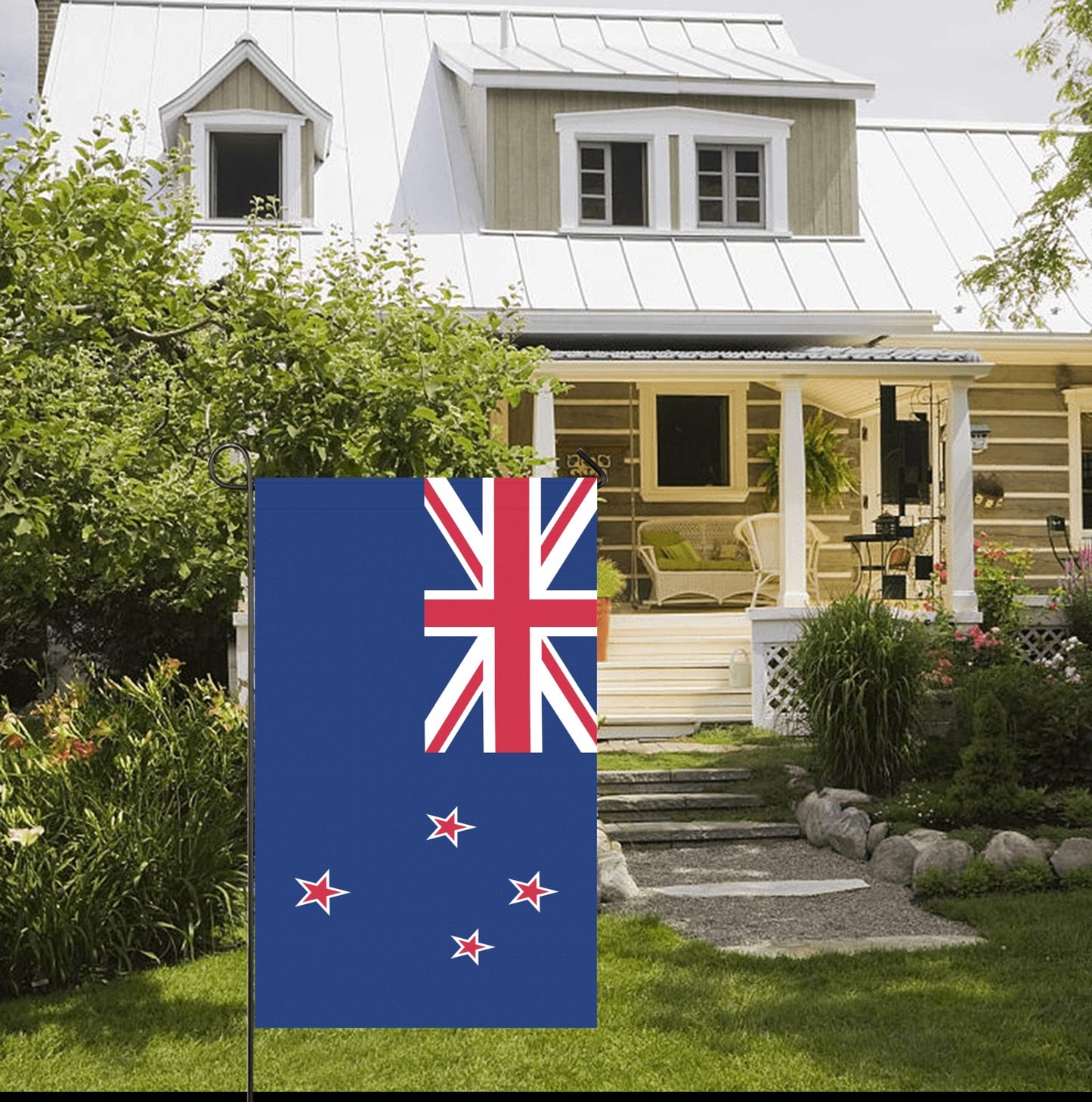 New Zealand flag displayed outside charming porch; Luv My Flag.