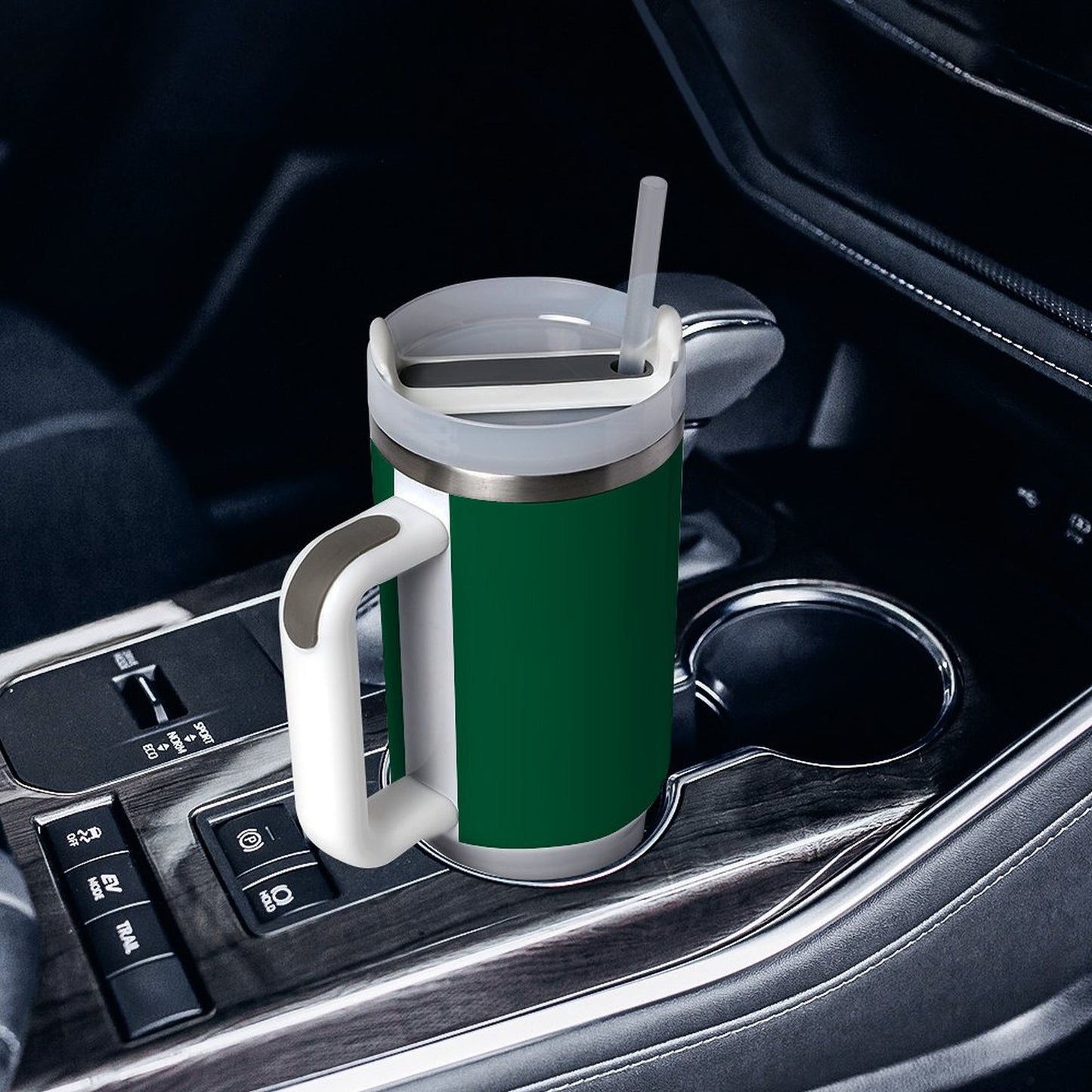 [Brand] insulated mug with handle in car cup holder.