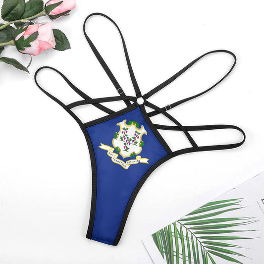 [Brand] blue thong with intricate black strap design.