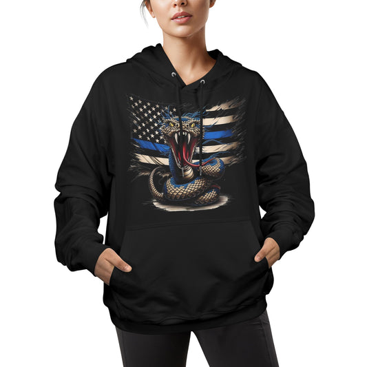 Thin Blue Line Distressed Flag w/Snake Women's Hoodie (Made in the USA)