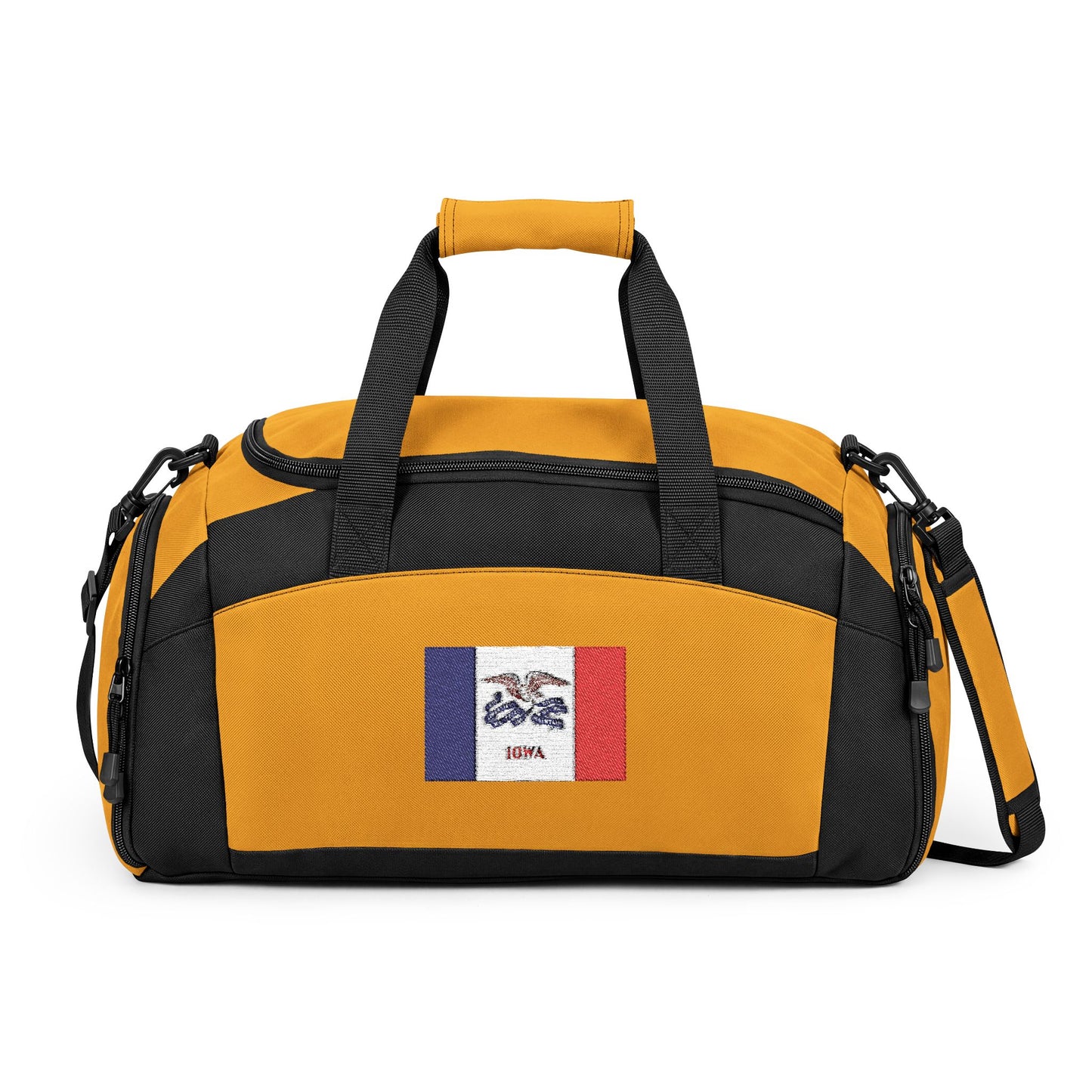 Iowa Flag Gym Bag — Black Duffle with Embroidered Iowa Flag