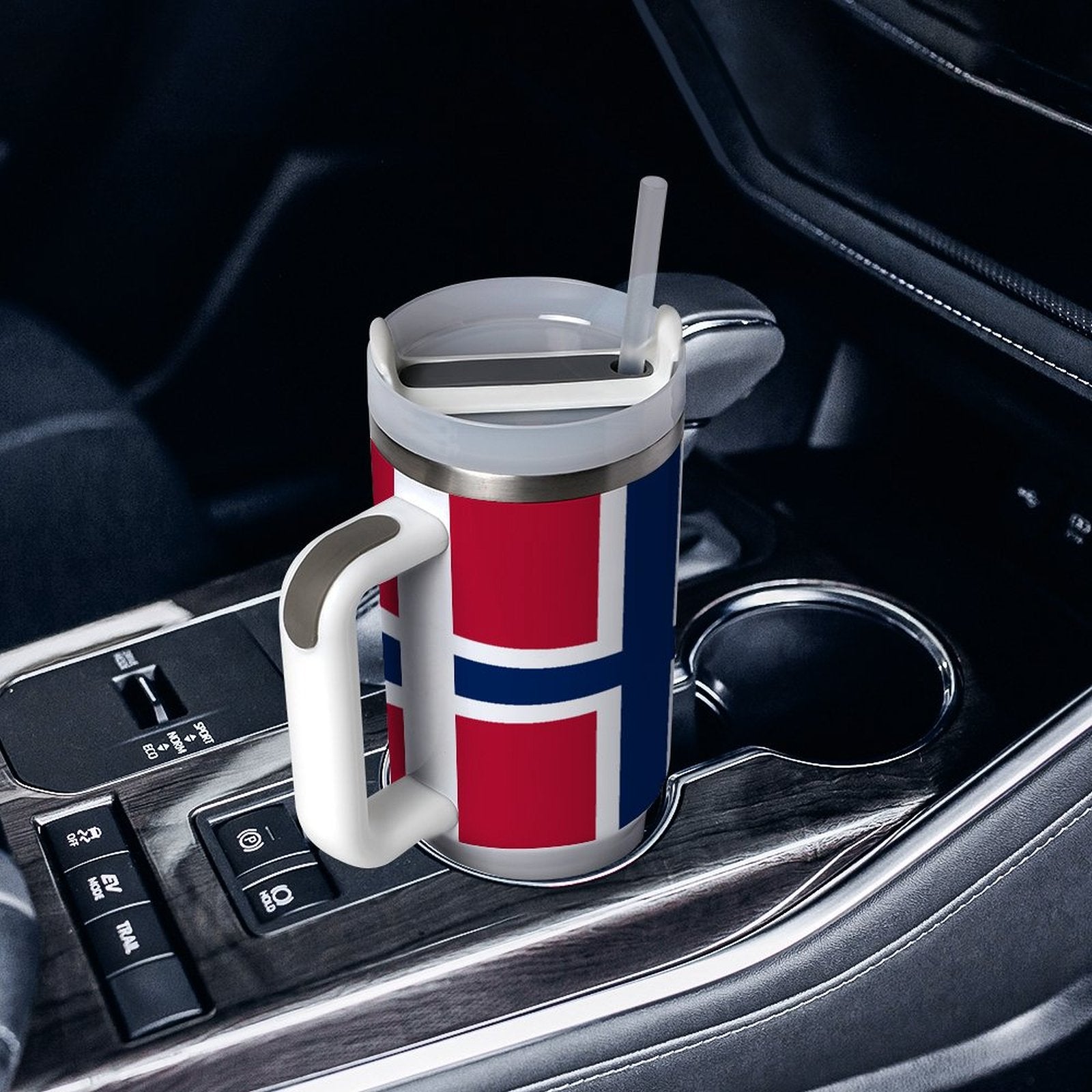 [Brand] travel mug with Norwegian flag design in car.